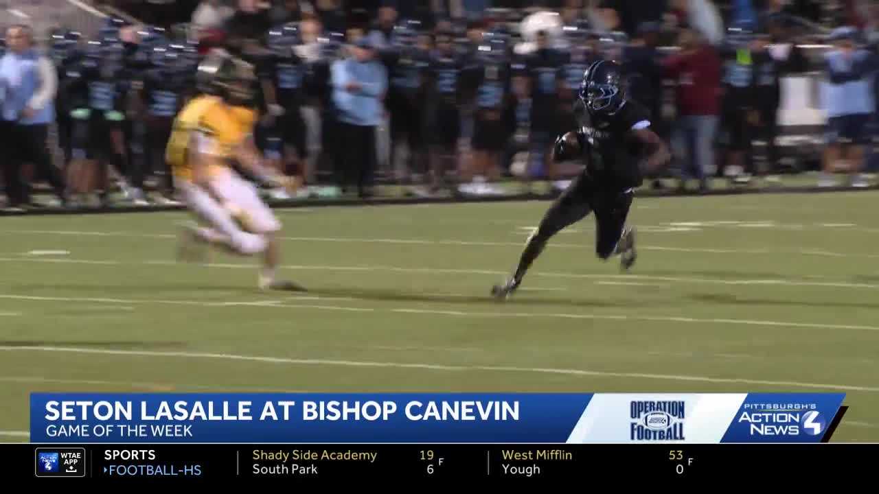 Bishop Canevin football team celebrating victory over Seton LaSalle